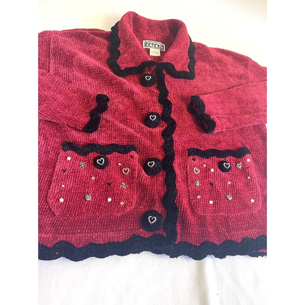 Vintage Berek Valentines Embellished Novelty Knit Cardigan Sweater S Red Black